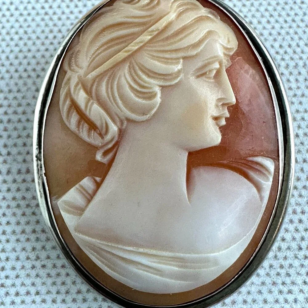 Vintage 800 Silver Shell Cameo Brooch Pendant - Picture 2 of 14